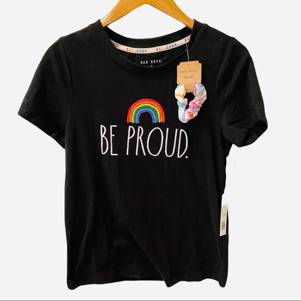 NWT Rae Dunn Be Proud Rainbow TShirt Pride S Black Multicolor